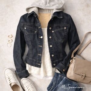 Younique Juniors Dark Denim Jean Jacket with Hoodie Size Small